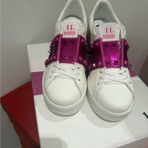 Valentino White Sneakers with Vibrant Pink Studs